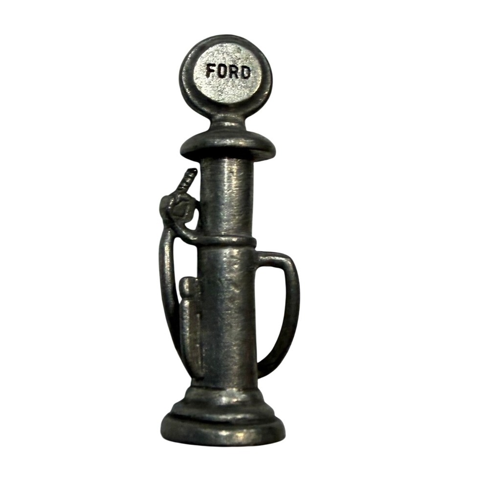 Vintage Ford Gas Pump Miniature Figurine Silver Tone
